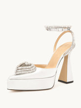 White Rhinestone Triple Heart Pointy Flared Pumps With Platform Ankle Wrap Strap